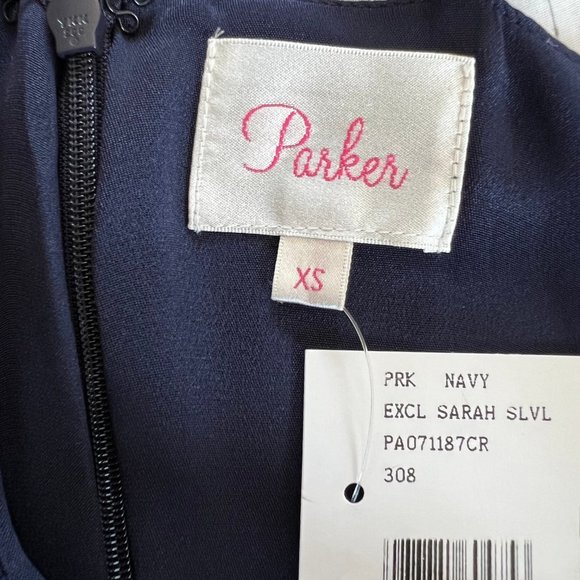 Parker Size XS Navy Blue Sleeveless Cage V-Neck Silk Fit & Flare Mini Dress - Picture 8 of 10